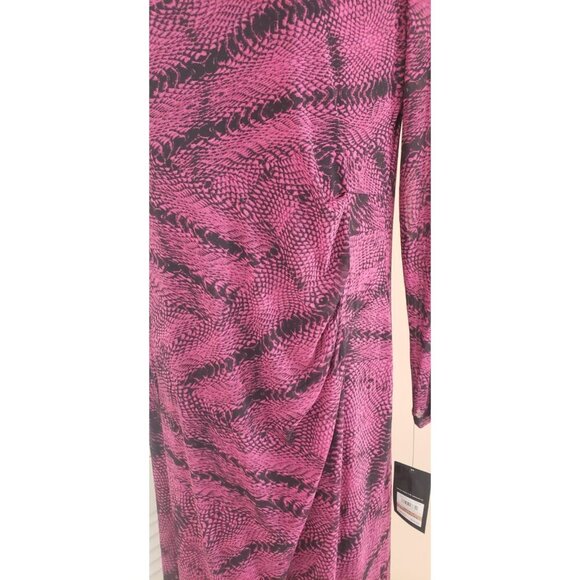 NWT NINE WEST LONG SLEEVE RUCHED SIDE PRINTED MESH DRESS MAGENTA BLACK SZ 12 - Picture 4 of 9